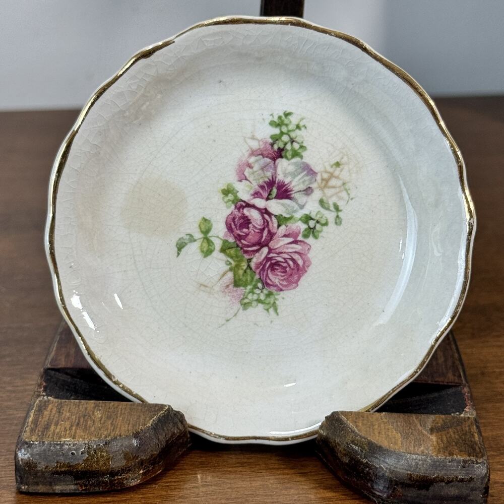 Antique Butter Pat Gold Trim Pink Roses 3" Floral R49 Staining
